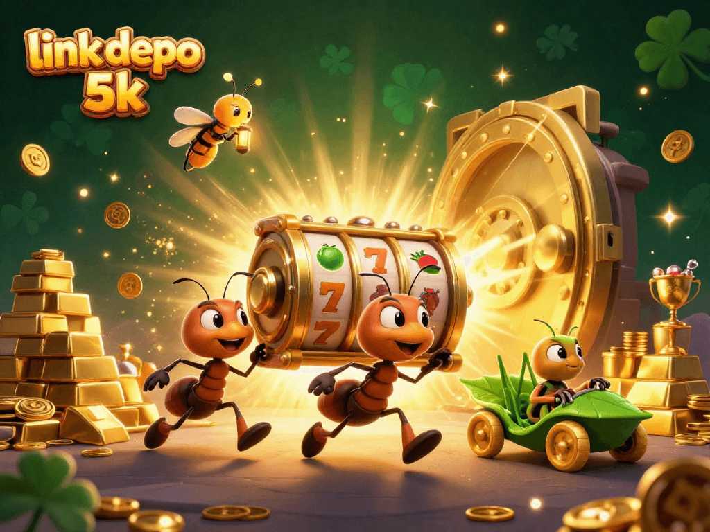 Engaging illustration of link depo 5k featuring ants carrying a giant slot reel, emphasizing an exciting gambling adventure.