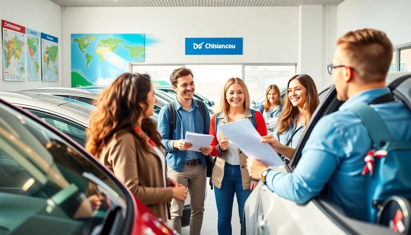 Rent a car Chisinau: Tourists happily selecting rental cars at a welcoming Chisinau rental office.
