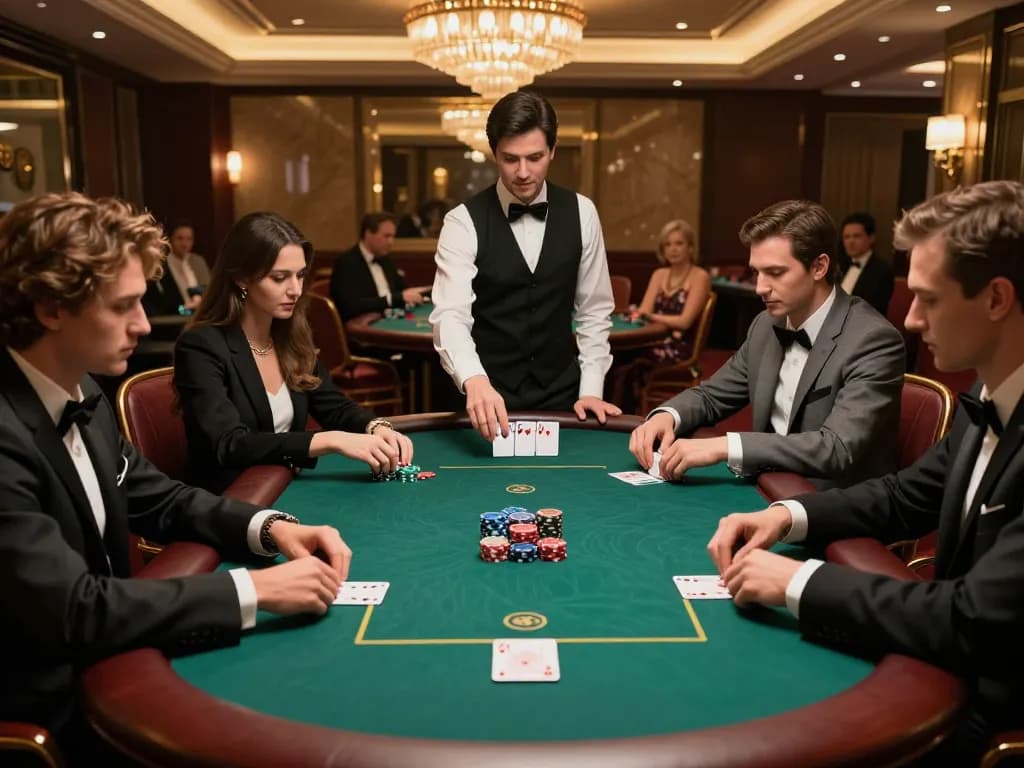 Players at a poker table celebrate DU88 win in an upscale casino, showcasing strategic gaming atmosphere.