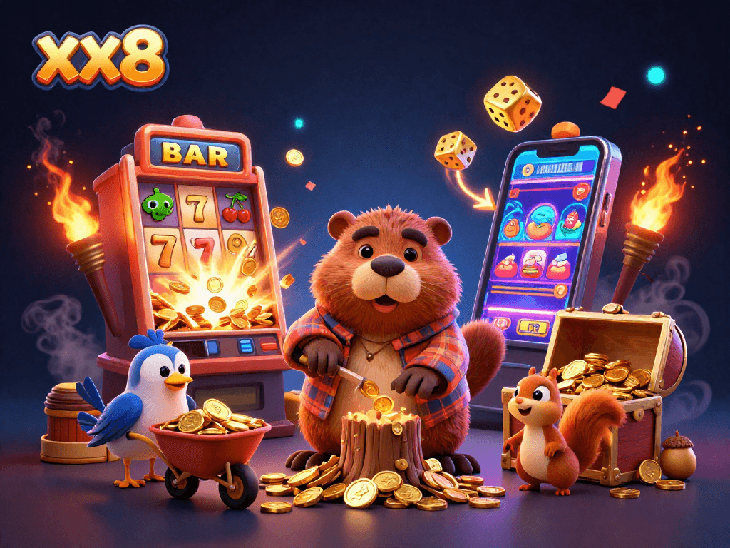 Experience thrilling jackpots with xx8 as characters celebrate over coins and gold in a vibrant casino scene.