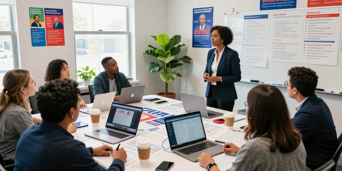 Team strategizing marketing for congressional campaigns in vibrant office setting