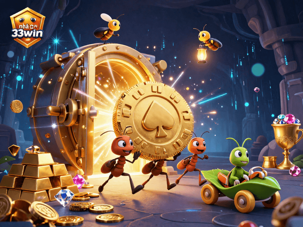 Experience the thrill of nhà cái 33win in this vibrant 3D casino scene featuring animated characters and dynamic elements.