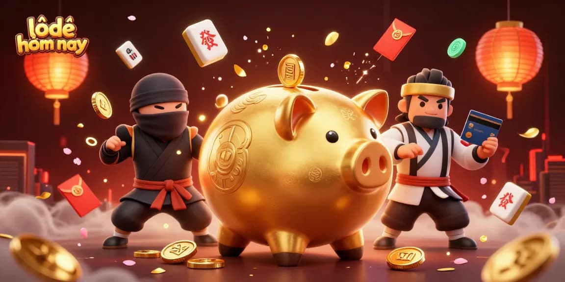 Experience the excitement of lô đề hôm nay with a vibrant 3D casino illustration featuring a golden piggy bank sumo wrestler.