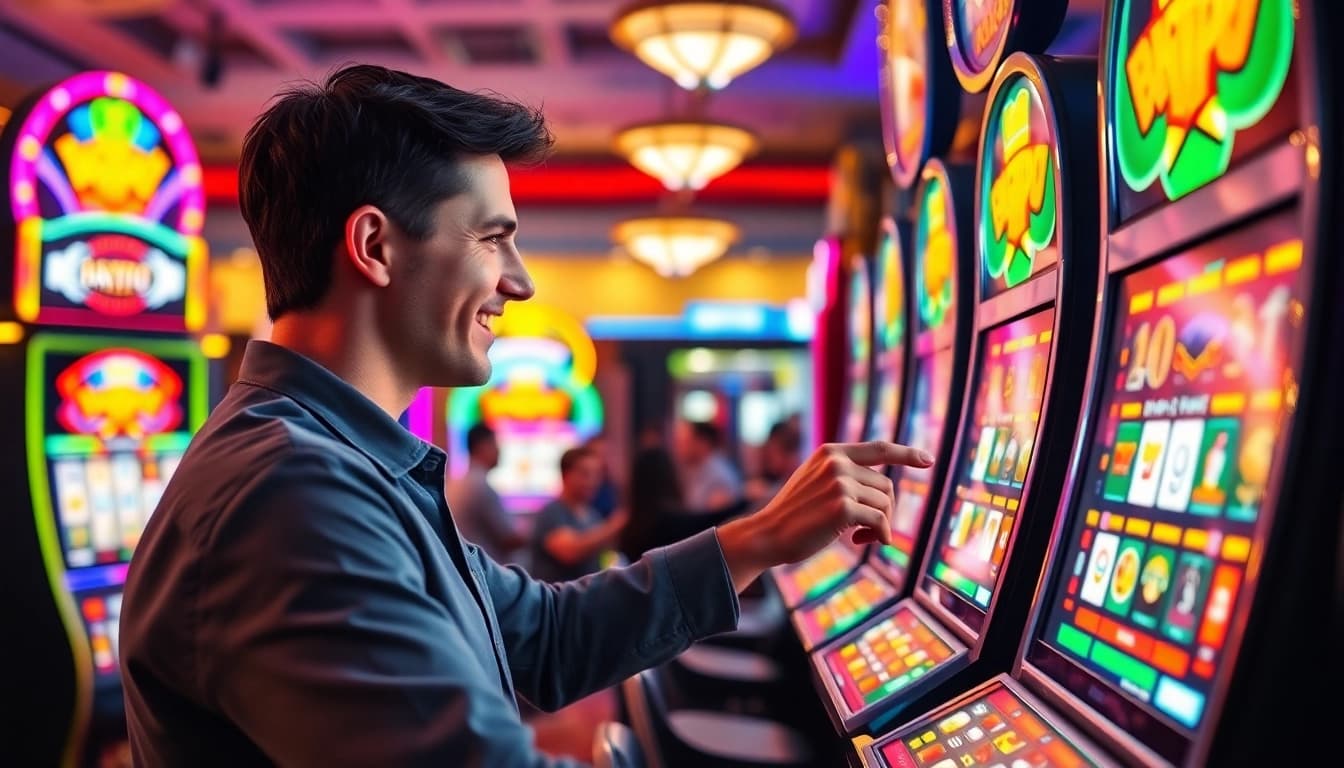 Permainan slot depo 1k menarik dengan pemain meraih jackpot di kasino ramai.