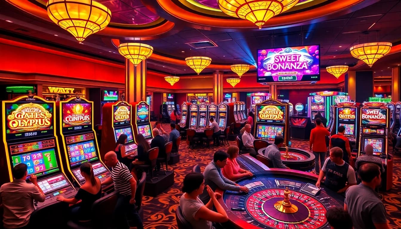 Players enjoying high RTP Pragmatic Play slots in a lively casino setting, celebrating wins and thrill.