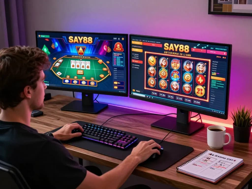 SAY88 online gaming setup showcasing dual monitors and vibrant casino interface, emphasizing strategy and engagement.