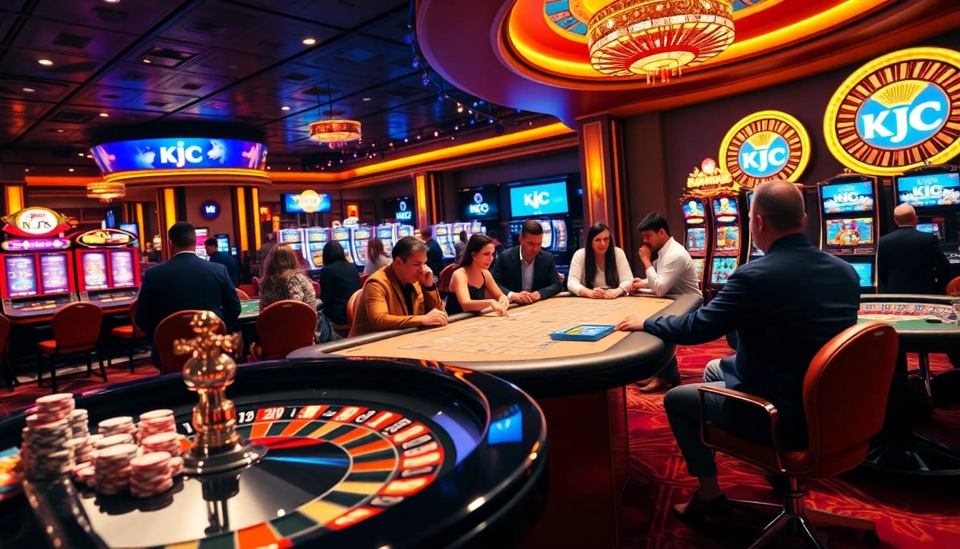 Engage with the thrill of KJC gaming at a luxurious casino featuring lively tables and vibrant slot machines.