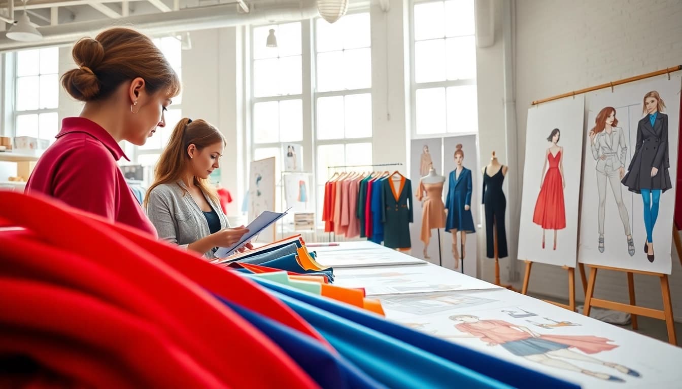 Inspire creativity in Fashion with designer analyzing trends in a vibrant studio