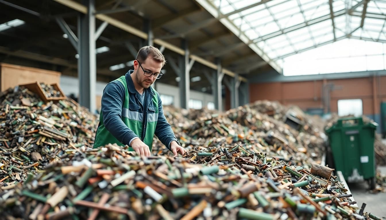 Schrottabholung Oberhausen: Teammitglieder sortieren Schrott auf einem modernen Schrottplatz.