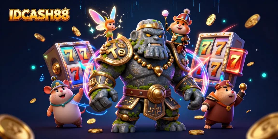 Experience the excitement of IDCASH88 with interactive slot gameplay and magical characters in a vibrant casino scene.