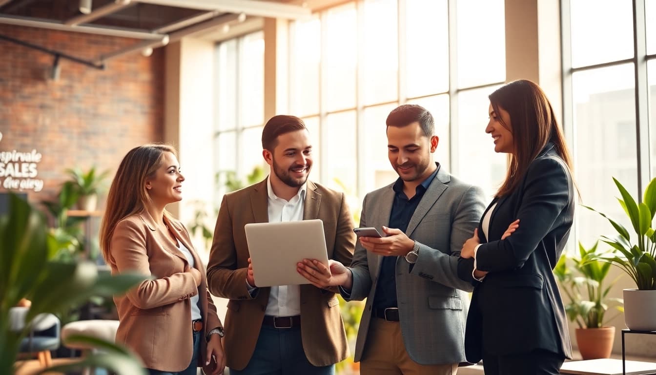Showcase the best sales recruiting agency engaging clients in a modern office.