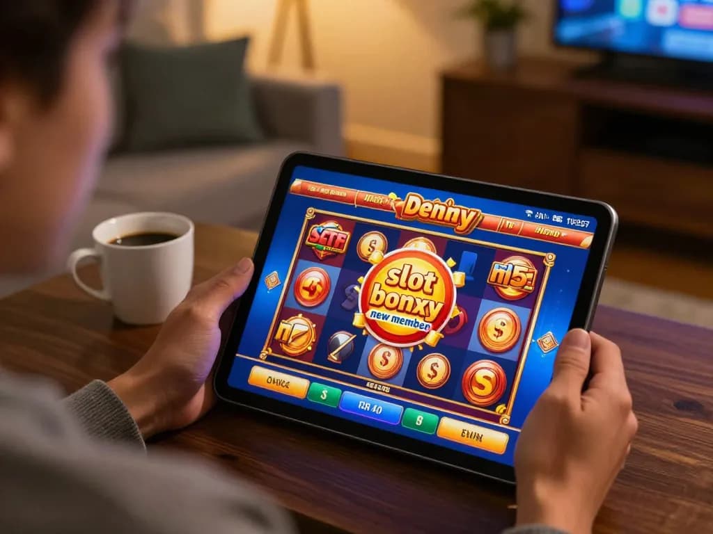 Engage in online gaming with 'slot bonus new member' offer displayed during a cozy home session.