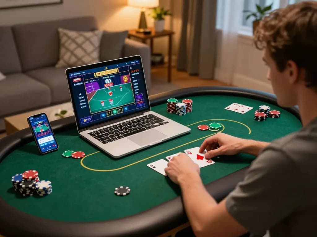 Player enjoying online poker at home, showcasing engagement with nohu90 com and strategic gameplay.