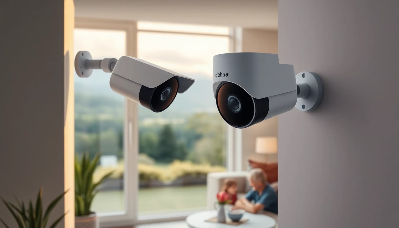 Cámaras Dahua instaladas en una casa moderna, que destacan características de seguridad avanzadas y un entorno seguro.