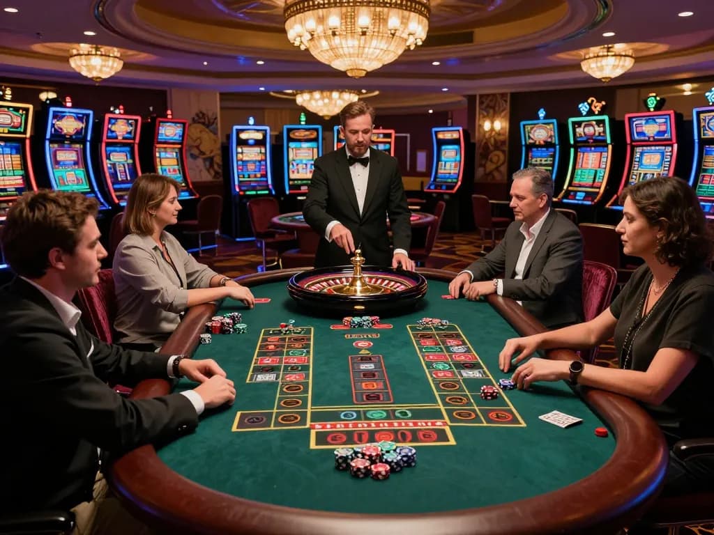 Experience the thrill of 12PLAY roulette with players engaged at a luxury table in a vibrant casino atmosphere.