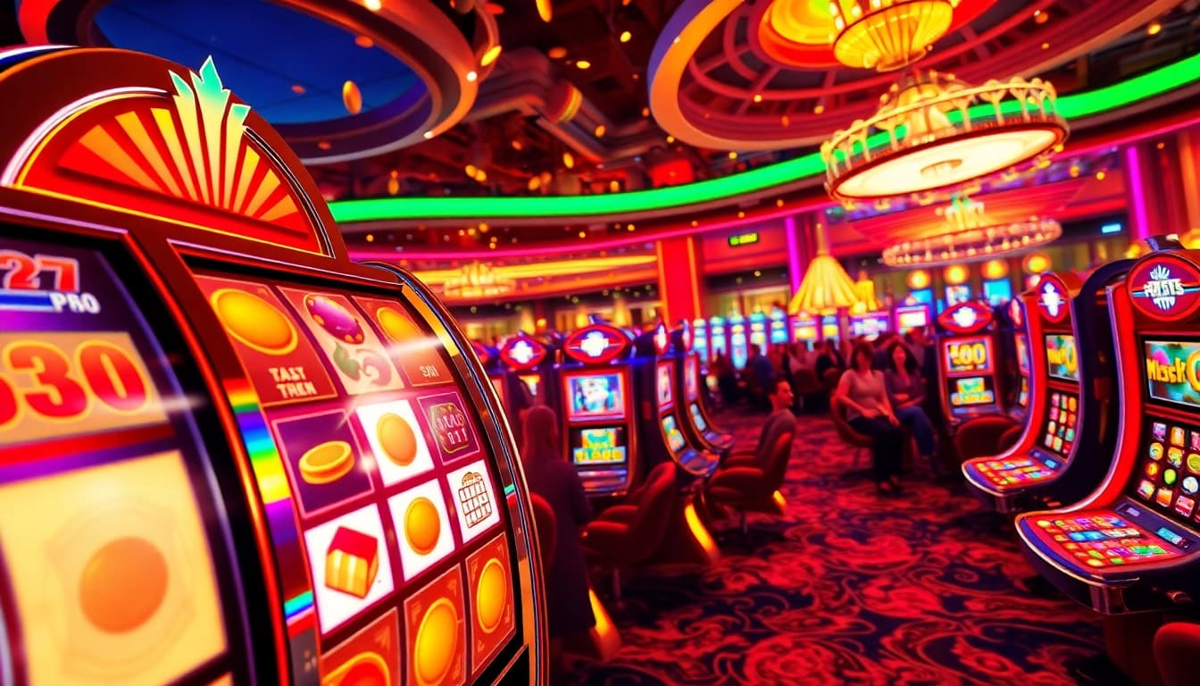 Engaging slot777 casino scene with bright slot machines and joyful players spinning reels.