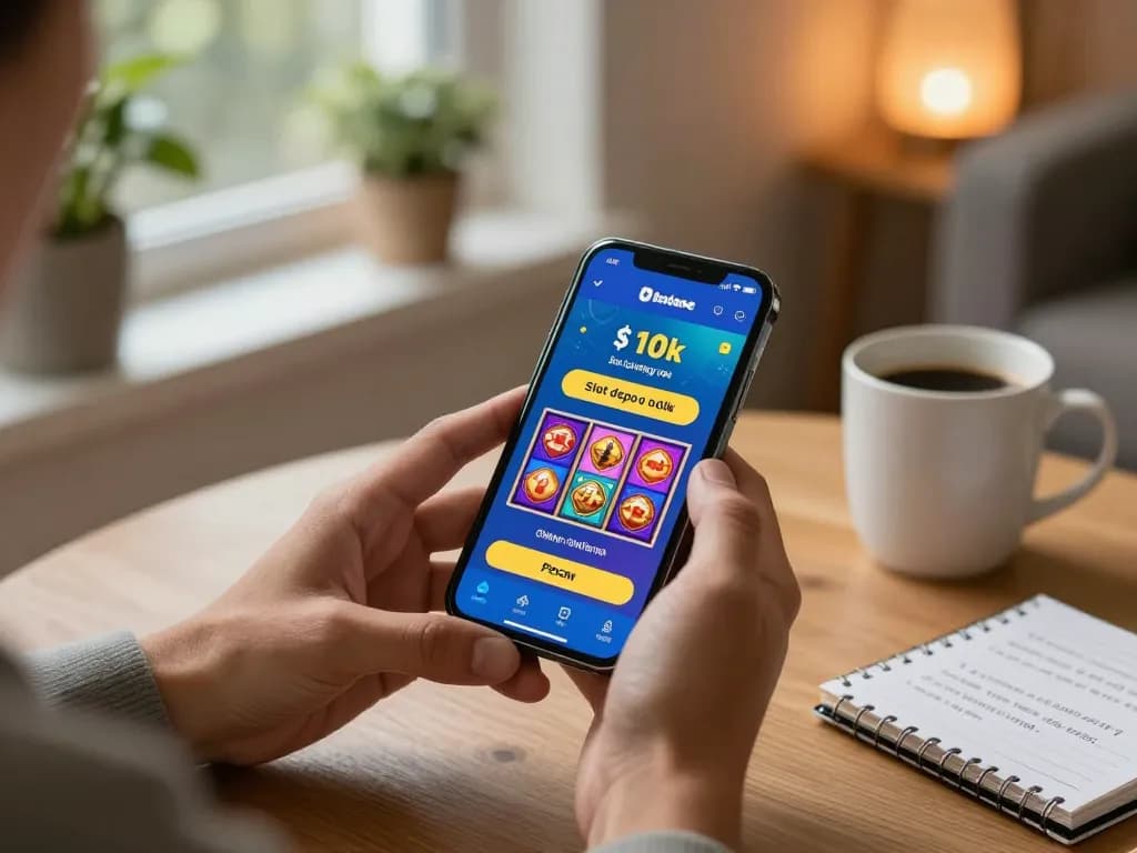 Excited player using mobile app for slot depo 10k in cozy living room setting