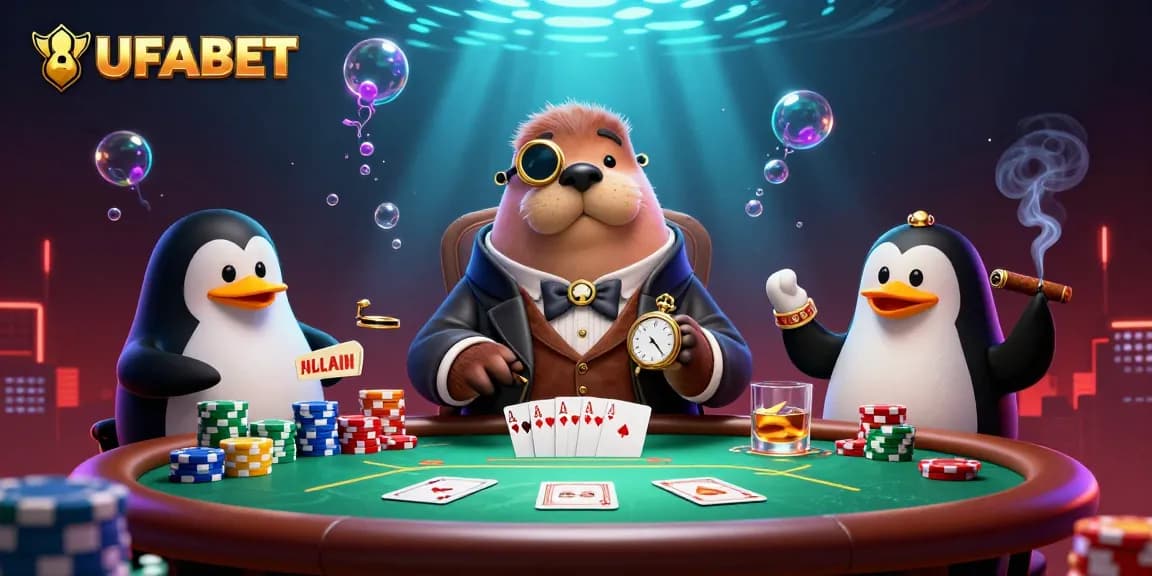 Engage in thrilling poker play with UFABET featuring a jolly walrus, sophisticated dealer and bluffing pufferfish.