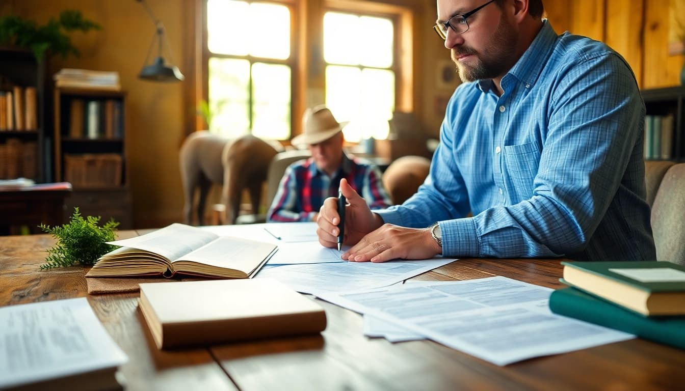 Consulting session with an agriculture lawyer offering advice to a farmer.
