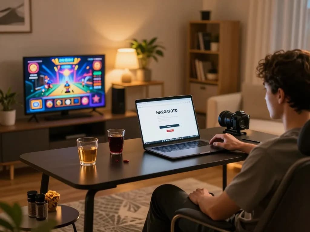 HARGATOTO login in a cozy home gaming setup with warm lighting and a player engaged
