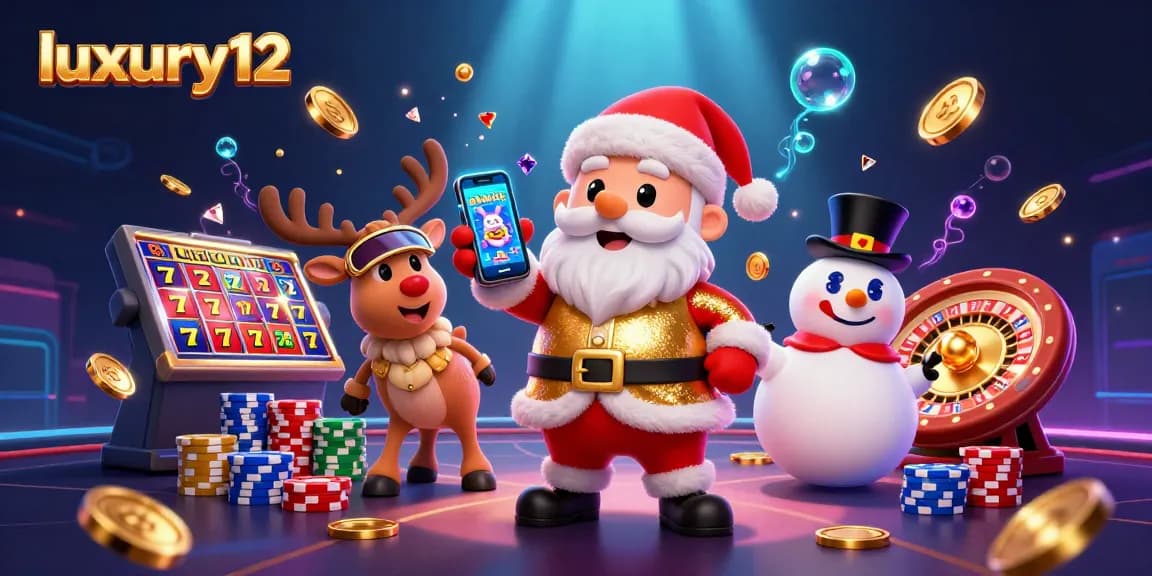 Play and win at luxury12 with a joyful Santa and friends in a vibrant animated casino scene.