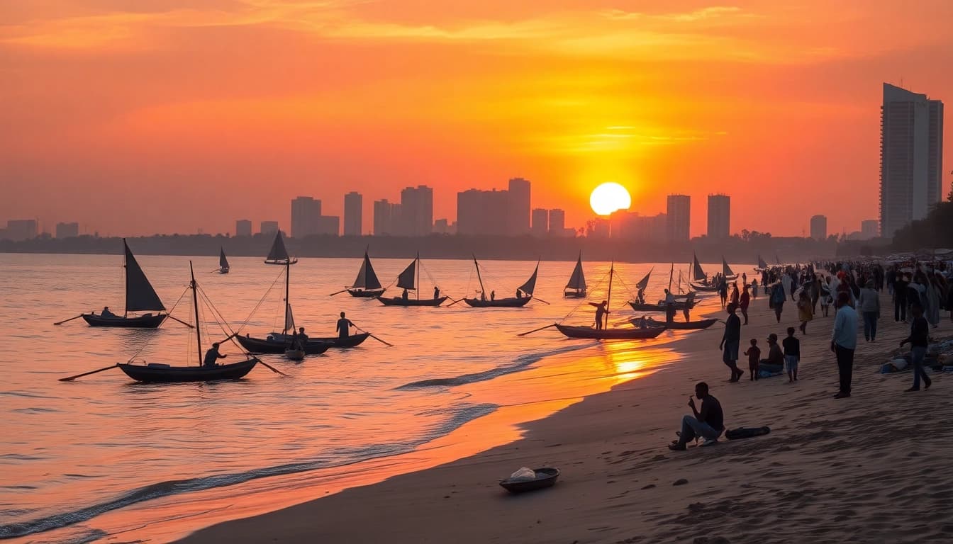 Families enjoying the beach in Dar es Salaam with dhows sailing in the sunset.