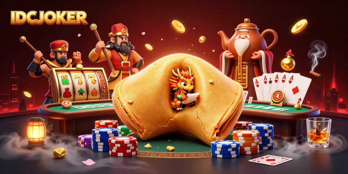 Play slots and win with IDCJOKER amidst vibrant casino scenes and fortune motifs.