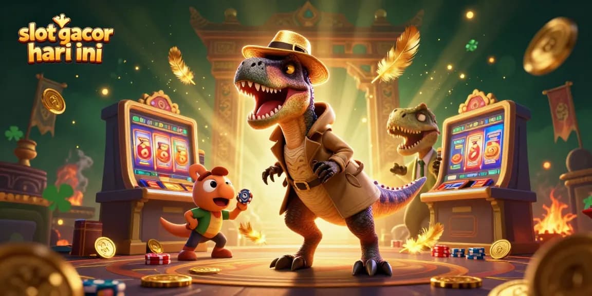 Engaging scene of slot gacor hari ini with cartoon velociraptor and stegosaurus at a slot machine