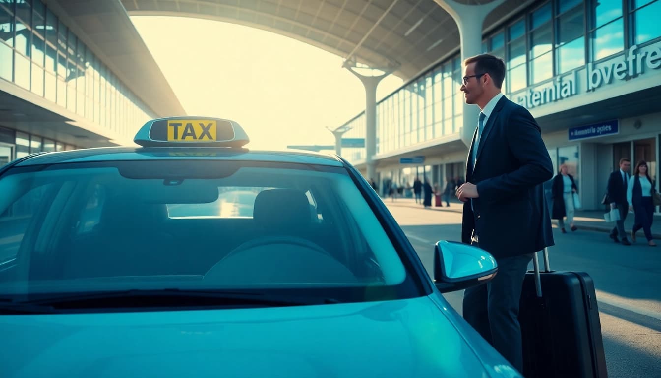 Taking a taxi from Nottingham to Heathrow Airport showing professional driver and modern terminal.