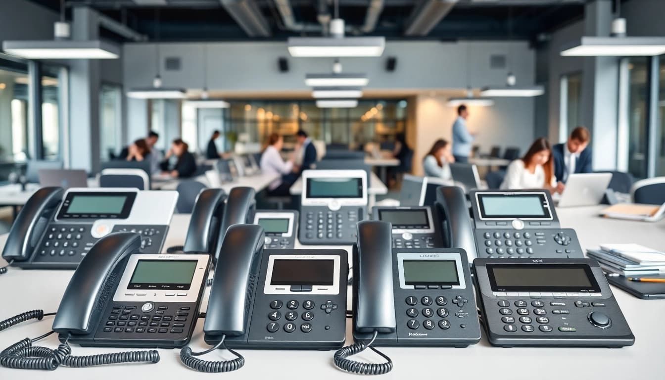 Showcasing telephone systems in a vibrant office, highlighting modern communication tools.