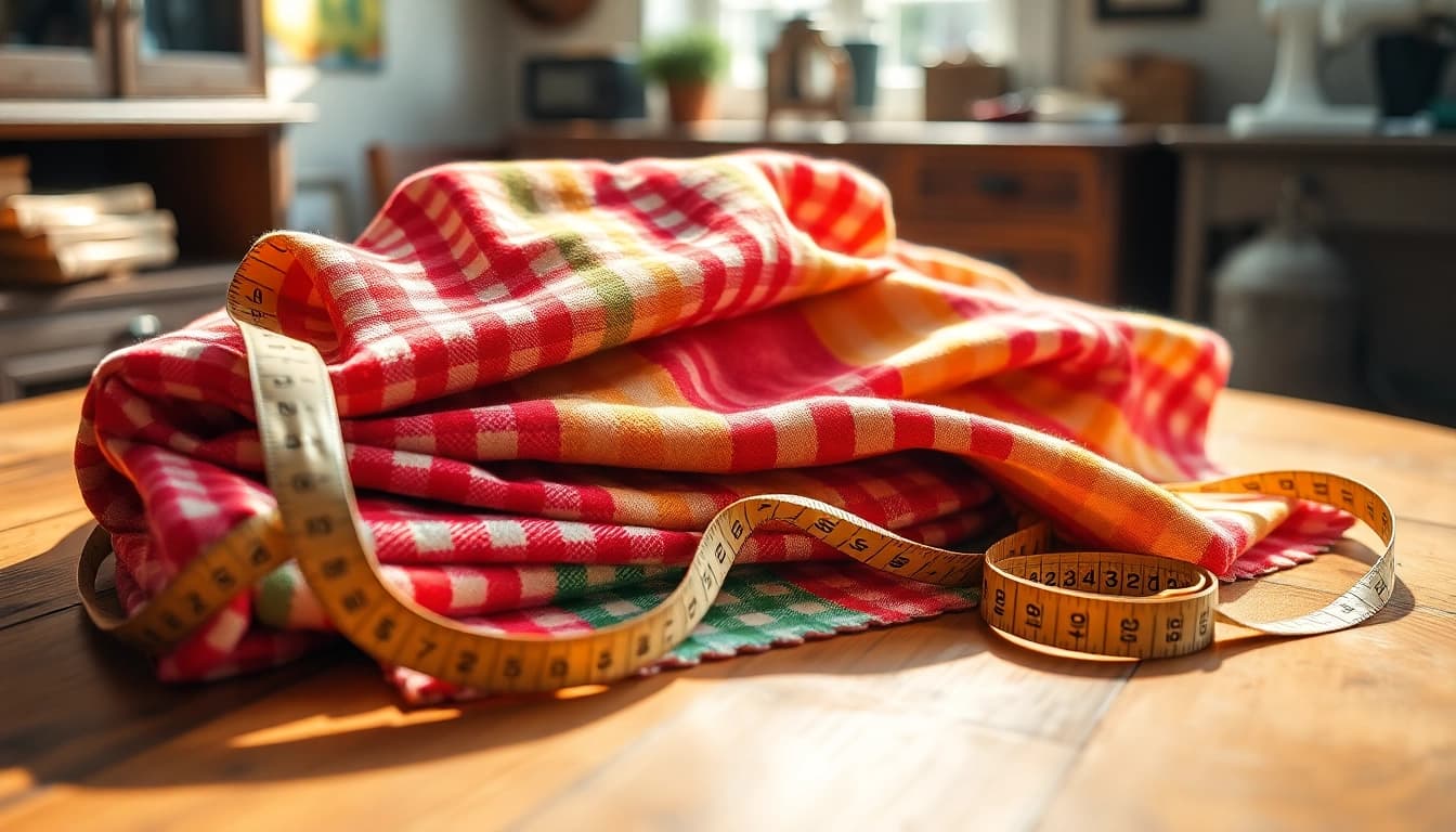 Brabantse bont ruitjes stof in verschillende kleuren op een houten tafel met meetlint voor handwerk.