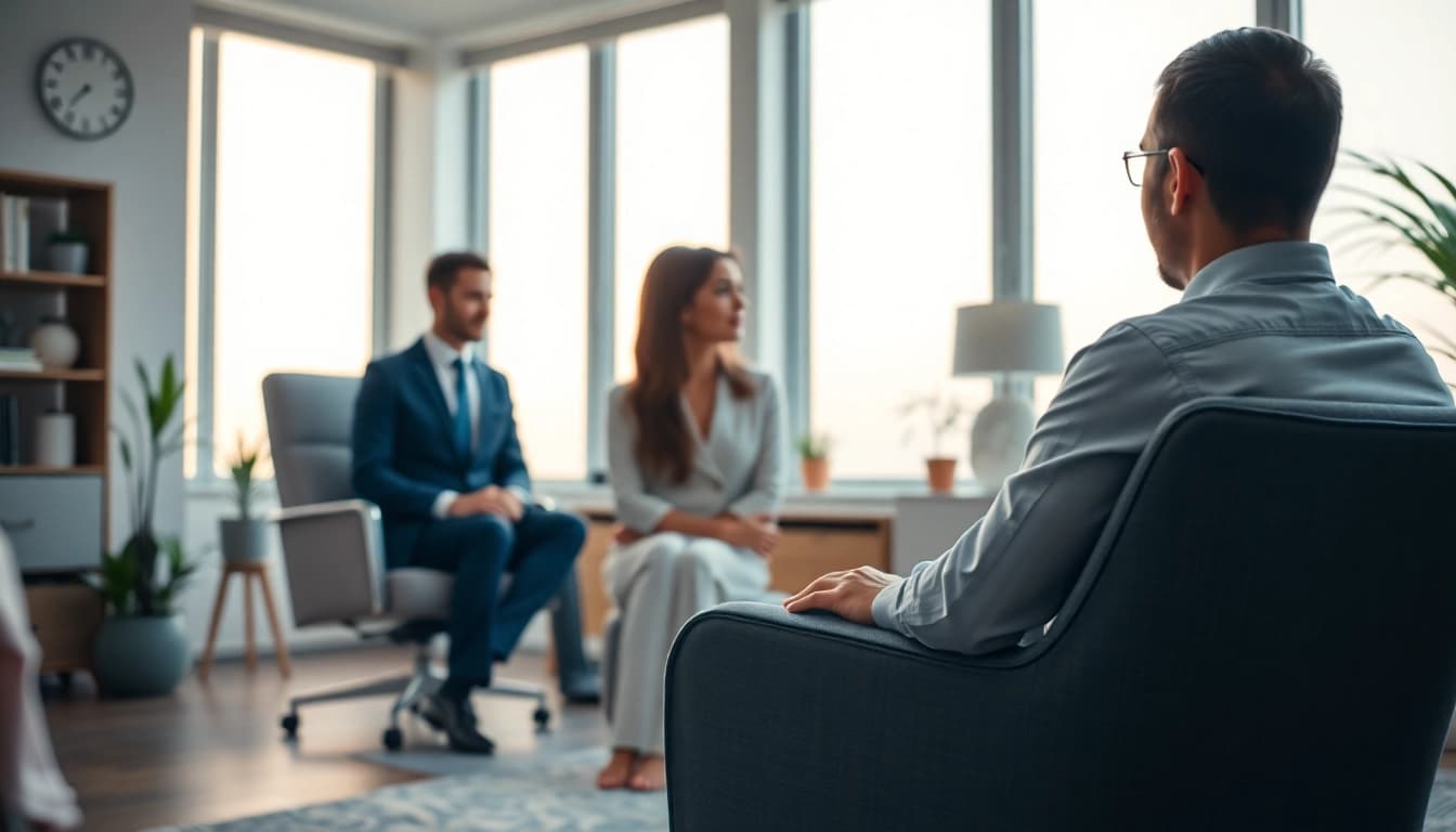 Engaging interaction between a dubai psychiatrist and patient in a welcoming, light-filled office.