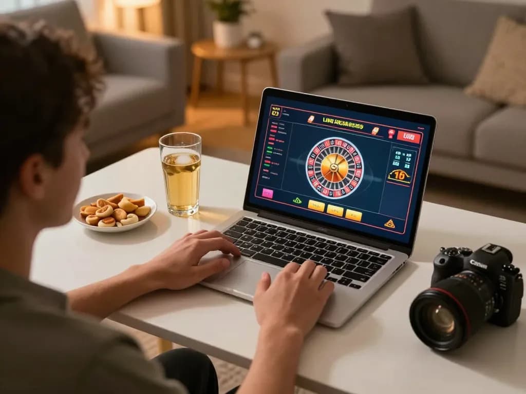 DABET live casino gameplay on a laptop, showcasing interactive roulette in a cozy home setting.