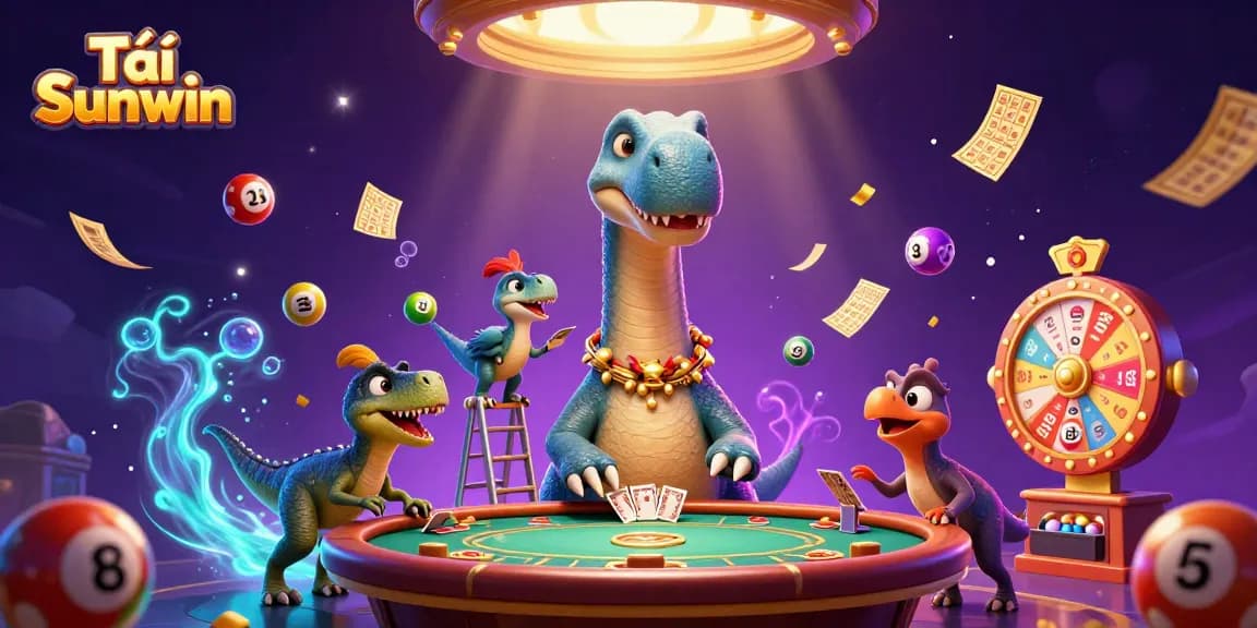 Tải Sunwin offers an engaging casino experience as a 3D dinosaur deals cards amid colorful games.