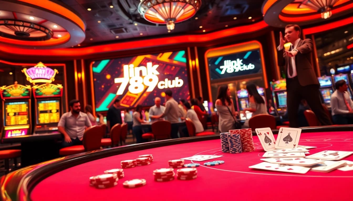 Experience the excitement at 789club with players engaging in thrilling casino games at a vibrant table.