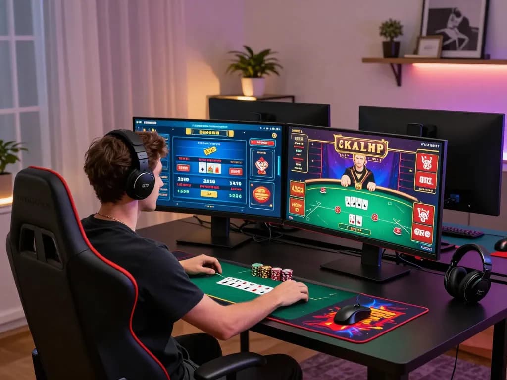 8LIVE online player immersed in poker game on multiple screens in a stylish home office.