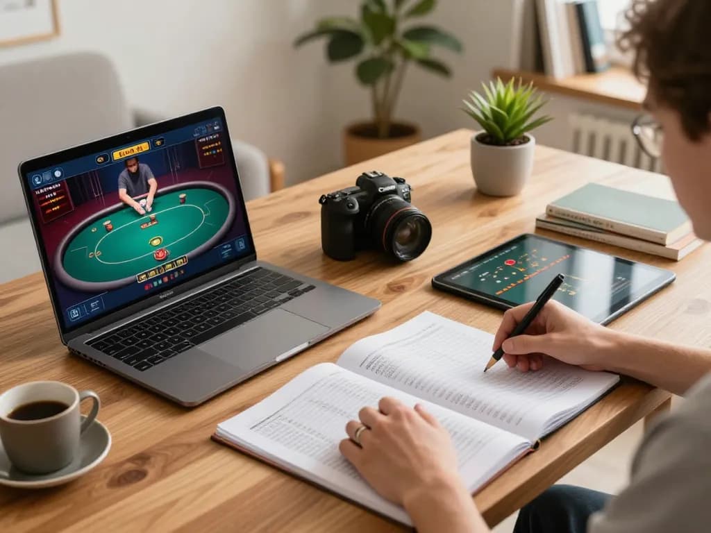 Engaging moment at home gaming setup featuring Nhà cái OXBET online poker action on laptop with strategy notes