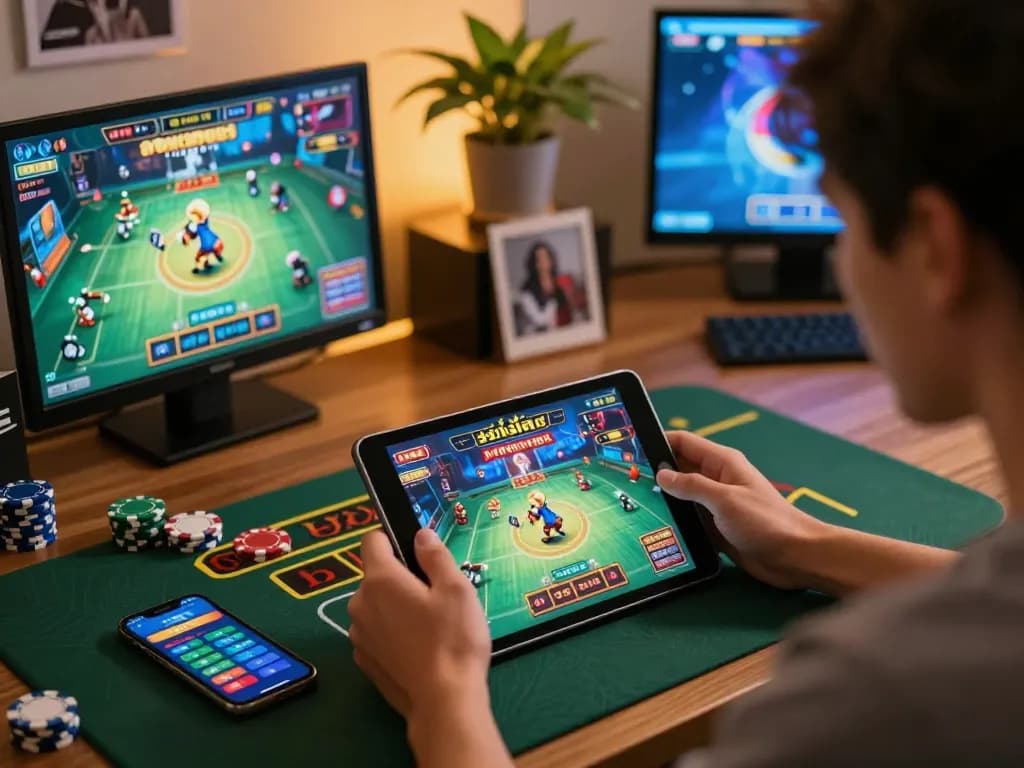 Engaging in สล็อตทดลอง gaming on a tablet while enjoying a cozy home environment, enhancing strategic gameplay.