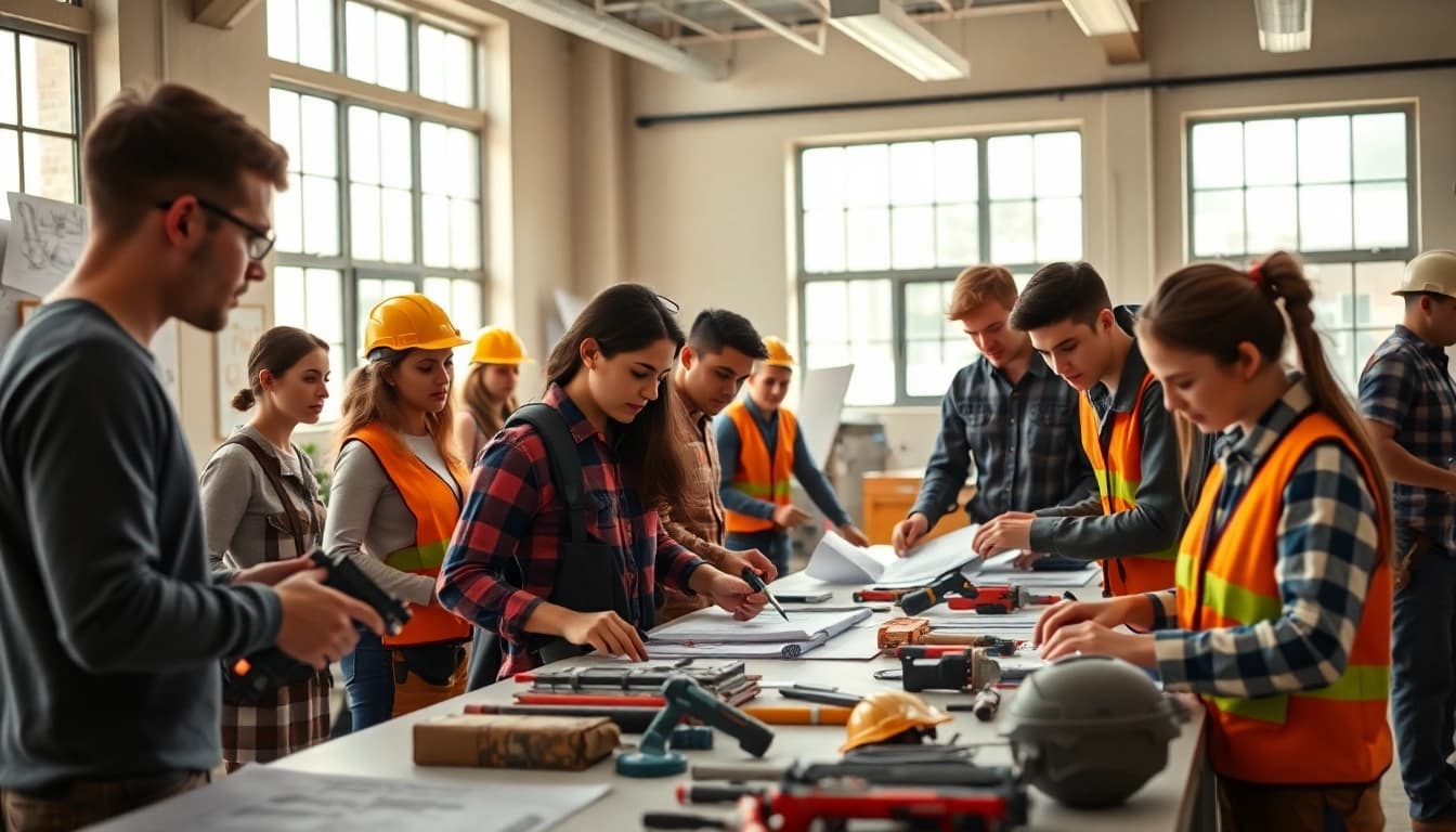 Students learning at construction trade schools in Texas, engaged in hands-on practice.