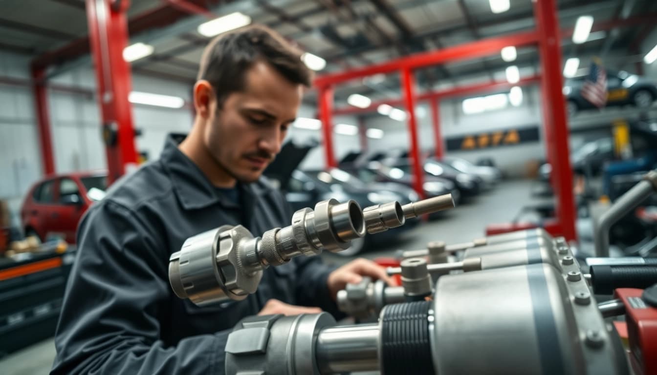 Showcase of Performance fuel line fittings being fitted by a mechanic in a dynamic automotive workshop.