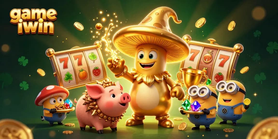 Experience thrilling gameplay with game iwin featuring the golden mushroom wizard amidst slot reels and sparkling treasures.
