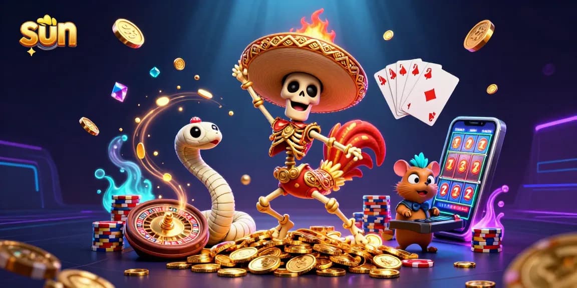 Win big with sun-themed characters dancing on golden coins and vibrant casino elements.