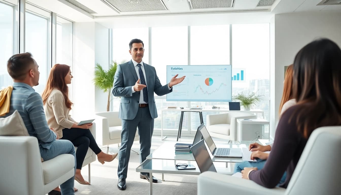 Crisis management consultant guiding a corporate team in a modern office.