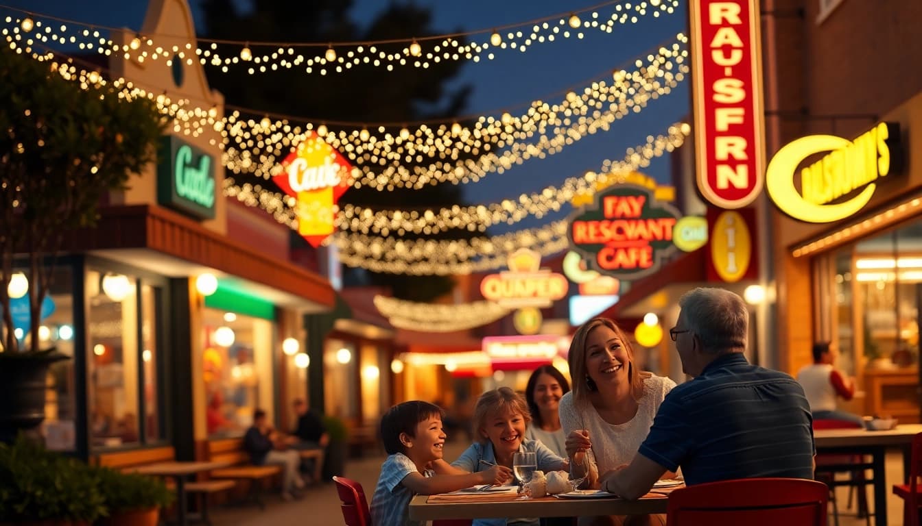Enjoying food at Clarksburg ca restaurants with outdoor seating, vibrant ambiance, and festive lights.