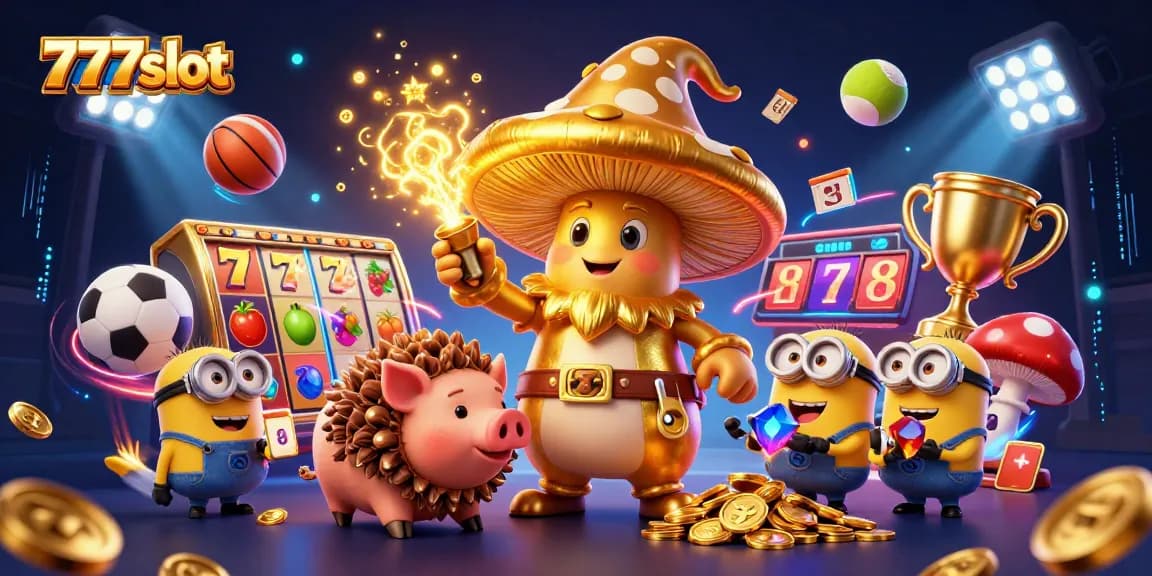 Permainan kasino 777slot penuh kesenangan dengan penyihir emas dan simbol keberuntungan di latar belakang.