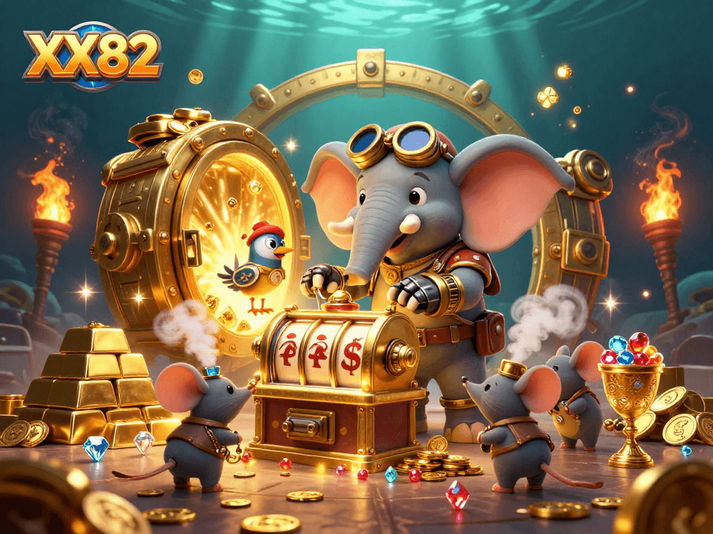 Spin the golden slot machine for big wins at XX82 while surrounded by treasure lights!