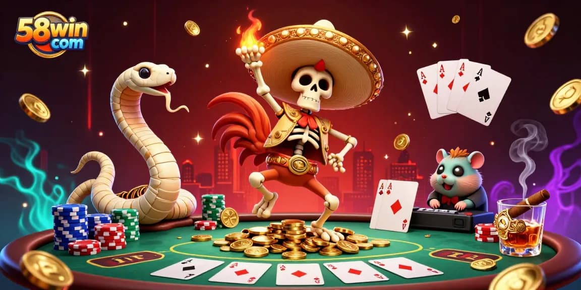 Engage with an energetic scene of 58win com featuring a mariachi rooster dancing on coins, surrounded by poker elements.