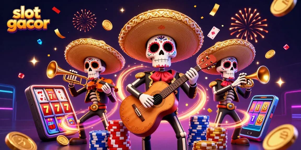 Experience the excitement of slot gacor with a festive mariachi band surrounded by slot reels and gold coins.