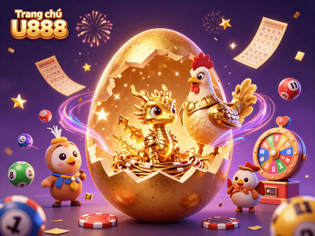Experience thrilling moments with Trang chủ U888 as a golden dragon emerges from an egg amidst colorful casino elements.