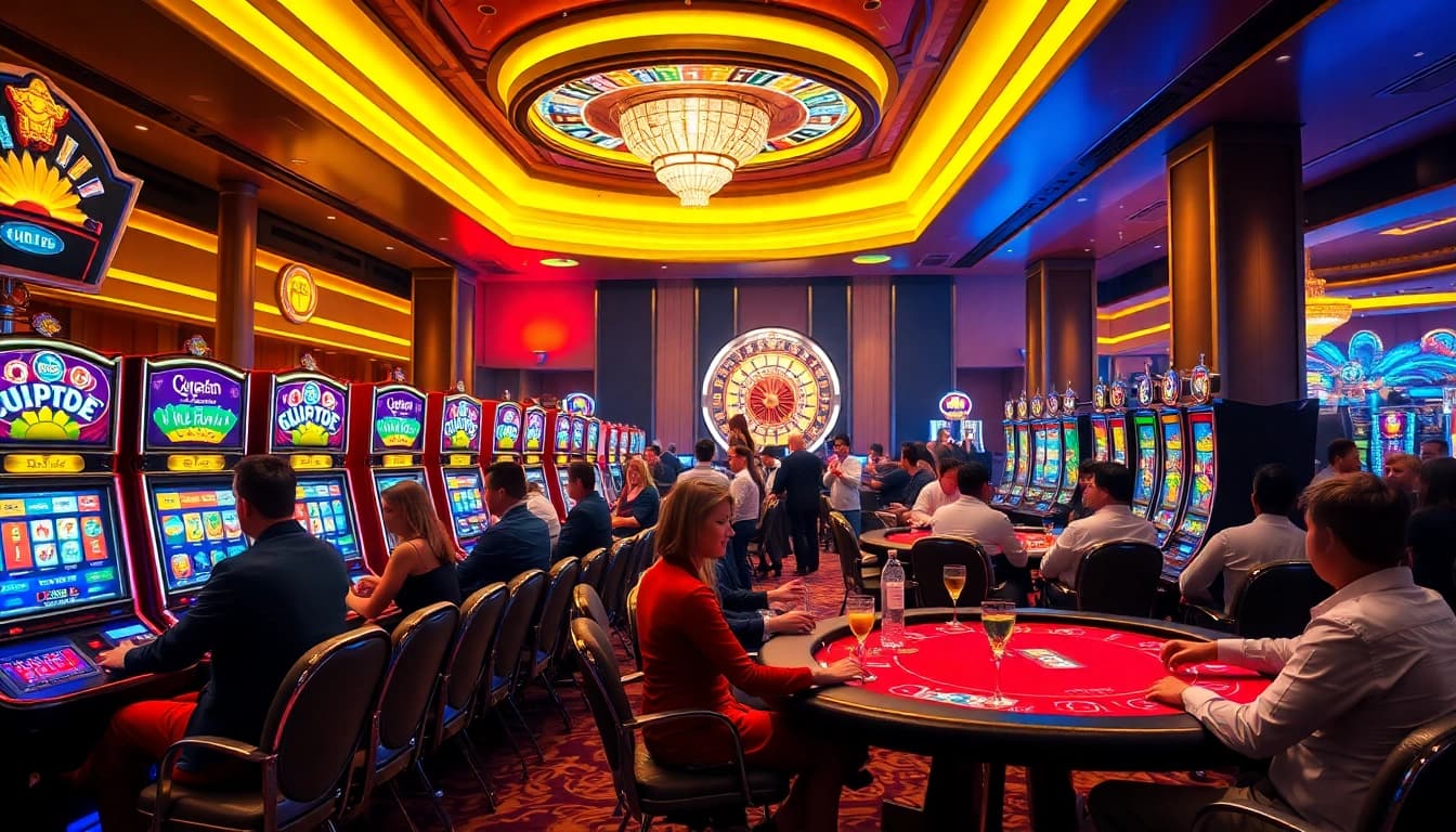 Players enjoying Slot Online Terpercaya machines in a vibrant casino atmosphere.